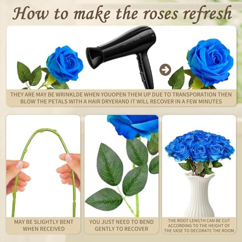 22 Pcs Artificial Blue Roses with Stems - Velvet Faux Flowers Bulk for Wedding Home Decor (Blue) - Image 4