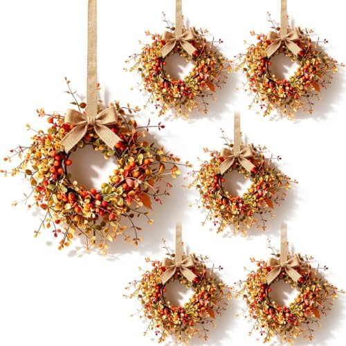 6 Pcs Small Fall Hanging Wreaths with Artificial Autumn Foliage Leaves Red Orange Berries Rustic Burlap Ribbon Mini Cabinet Wreath for Home Front Door Window Wall Farmhouse Thanksgiving Harvest Decor by Unknown