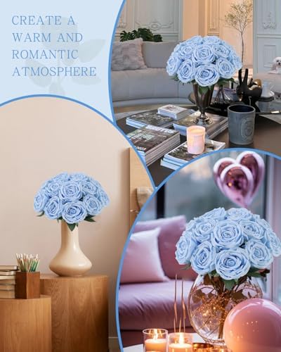 Coferset 10 Pcs Fake Silk Roses with Long Stems,Baby Blue - Image 5