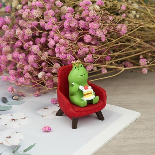 Refintural Miniature Frog Eating Cake Figurine - Funny Frog Sculpture for Shelf, Desk Decoration - Perfect Cute Frog Gift for Frog Lovers(Red Sofa) - Image 7