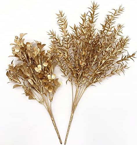 Gold Decorations Artificial Plants, CATTREE Golden Berry Leaves Fake Simulation Spiky Leaf Grass Plastic Faux Shrubs Bushes Ornaments Home Indoor Outdoor Wedding Decor Hall Table Planter Filler 4 Pack - Image 5