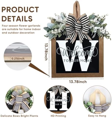 Ultra Large 14'' Last Name All Year Round Front Door Wreath with 26 Initial Letter Welcome Sign All Seasons Eucalyptus Garland and Bow Wreaths for Front Door Porch Farmhouse Decoration(W) - Image 4