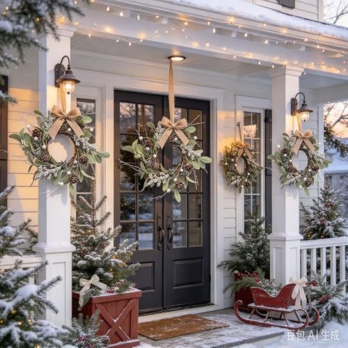 6 Pcs Small 4th of July Hanging Wreaths for Cabinets Patriotic Mini Candle Ring Wreath with Red White Blue Flowers (4, Winter Snow Pinecones) - Image 6