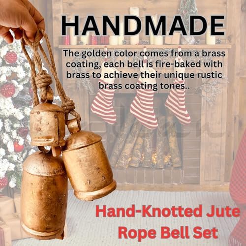 Rustic Harmony Cow Bells Decorative Set of 3 Christmas Bell Large Vintage Golden Cow Bell Brass Coated Country Bells Wall Hanging Cowbell Lucky Charm (3"-4"-5") - Image 4