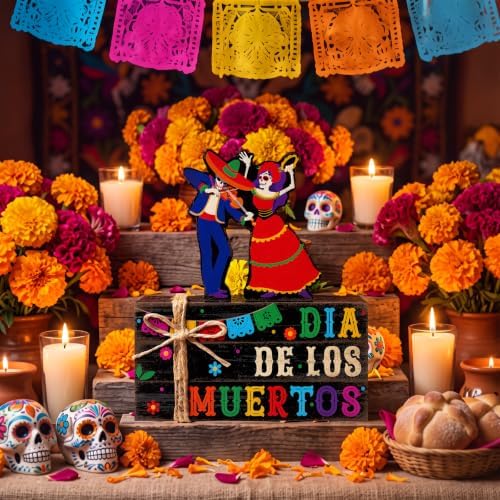 Geelin 4 Pcs Dia De Los Muertos Table Decoration Wooden Book Stack Signs - Image 5