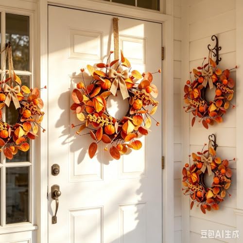 6 Pcs Small Fall Hanging Wreaths with Artificial Autumn Eucalyptus Leaves Mini Pumpkins Berry Clusters Burlap Ribbon Mini Cabinet Wreath for Home Kitchen Farmhouse Thanksgiving Harvest Party Decor - Image 5