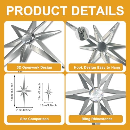 sxnzequnze 4 Pcs Star Wall Art for Home Decor Living Room Bedroom Office Metal 3D,Bling,with Hanging Hook Starburst Midcentury Sculpture Retro Gallery Accent Celestial -Silver 16.5in/9.4in - Image 4