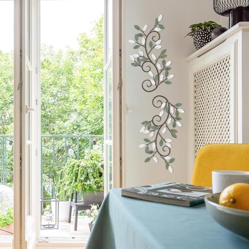ESTART 2 Pcs Metal Tree Leaf Wall Art Vine Branch Decor,White Green Colors - Image 4