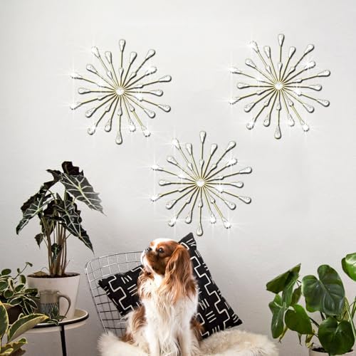 ZEXUIRU 3 Set Gold Starburst Wall Art for Home Decor Metal Bling Crystal Rhinestones Sunburst Wall Decor Sparkling Rhinestone Art Accent Gold - 13in by ZEXUIRU