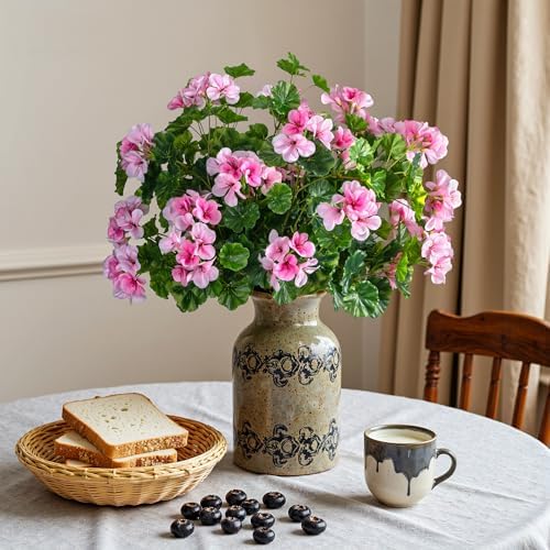 Artificial Geraniums for Outdoors, 8 Stems 17.7 Inch Pink Faux Geranium Bush Fake Flowers UV Resistant Fall Porch Patio Garden Planter Window Box Indoor Decor, Pot Not Included by ENALGRE