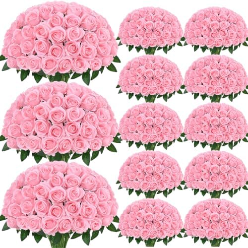 100Pcs Pink Roses Artificial Flowers, Realistic Silk Fake Roses Bouquet by Yastouay