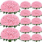 100Pcs Pink Roses Artificial Flowers, Realistic Silk Fake Roses Bouquet by Yastouay