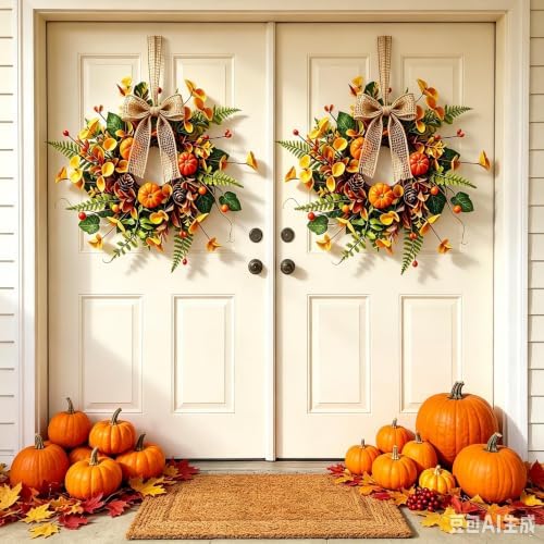 4 PCS Mini Fall Wreaths for Kitchen Cabinets Small Fall Hanging Wreath with Pumpkins Pinecones Berries Eucalyptus Thanksgiving Wreath for Front Door Window Cabinet Farmhouse Decor - Image 2