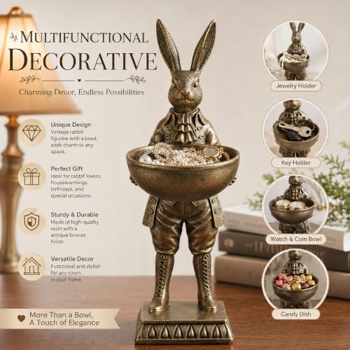 Home Decor Gift 12.6 Inch Vintage Rabbit Statue with Bowl, Resin Bunny Figurine Serving Tray, Multifunctional Key Candy Purse Holder Bowl, Jewelry Dish Ring Holder, Desktop Tabletop Art Decor - Image 4