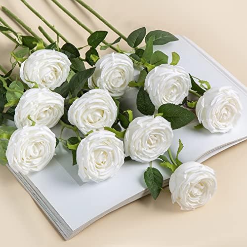 Coferset 10 Pcs Fake Silk Roses with Long Stems,White - Image 2