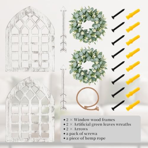 WAKOSAN Rustic Wood Window Frame Wall Decor with Wreath & Arrows Set of 2 - Image 2