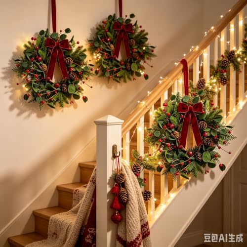 6 Pcs Small 4th of July Hanging Wreaths for Cabinets Patriotic Mini Candle Ring Wreath with Red White Blue Flowers (4, Greenery with Red Bells Pinecones) - Image 2
