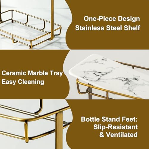 Bathroom Organizer Countertop Perfume Organizer Makeup Organizer Cosmetics Storage Display Rack Vanity Tray Dresser Stainless Steel Gold Shelf White Marble Ceramic Tray - Image 3