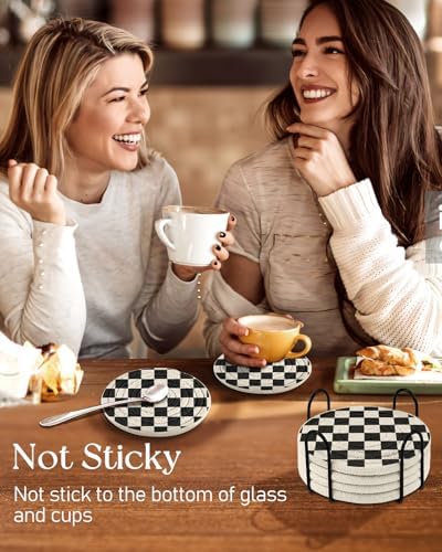 Absorbent Cup Coasters Set of 6 with Holder, Check Pattern - Image 6