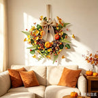 6 PCS Mini Fall Wreaths for Kitchen Cabinets Small Fall Hanging Wreath with Pumpkins Pinecones Berries Eucalyptus Thanksgiving Wreath for Front Door Window Cabinet Farmhouse Decor - Image 2