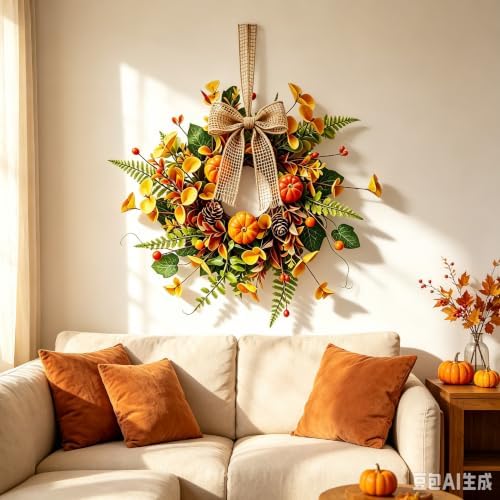 6 PCS Mini Fall Wreaths for Kitchen Cabinets Small Fall Hanging Wreath with Pumpkins Pinecones Berries Eucalyptus Thanksgiving Wreath for Front Door Window Cabinet Farmhouse Decor - Image 2