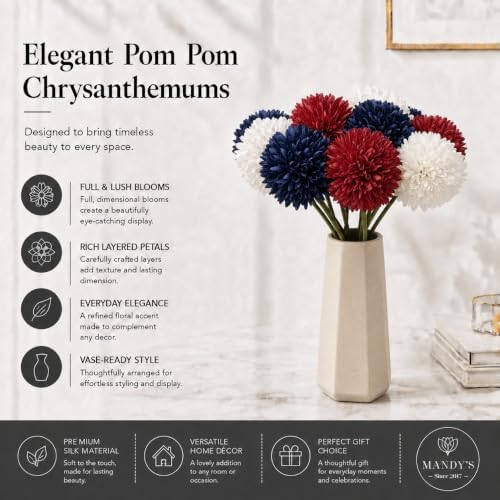 Mandy's 12pcs Artificial Red White Blue Ball Chrysanthemum Flowers - Image 2