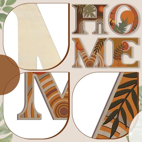 Honoson 4 Pcs Orange Boho Wall Art Decor Aesthetic Wood Home Letters Sign Hanging Orange Abstract Wall Art Rustic Farmhouse Geometric Sun Moon Leaves for Decorative Living Room Kitchen Bedroom - Image 6