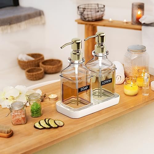 LMQML Soap Dispenser - 2 Pack, Antique Design Thick Glass Hand Soap Dispensers with Sturdy Tray; 304 Rust Proof Stainless Steel Pump, 12Pcs Stickers, for Kitchen, Bathroom - Image 5