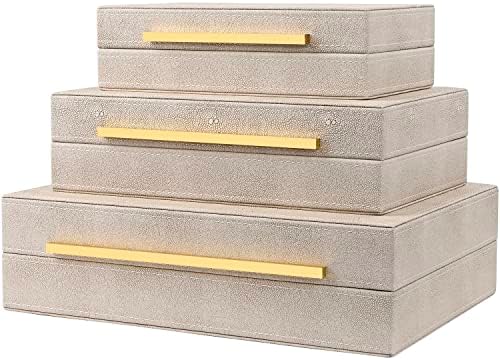 Ivory Shagreen Box Set Of 3 Faux Leather Decorative Boxes, Large Modern Nesting Storage Decorative Boxes with Lids for Home Decor Stacking jewelry Box Organizer by ZIKOUL