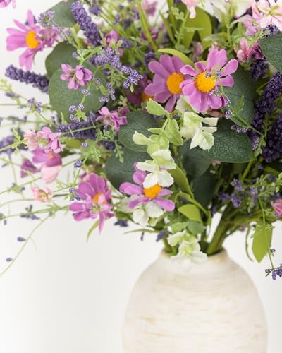 20" Artificial Flowers Bouquet for Vase Indoor, 6 stem Faux Silk Daisies Lavender Silver Dollar Eucalyptus Leaves Wildflower Floral Arrangement Home Decor for Living Room Dining Table Entryway - Image 7