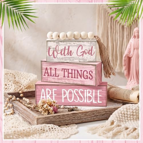 Yuntau 4 Pcs Pink Shelf Decor Wooden Blocks Farmhousetiered Tray Decor - Image 5