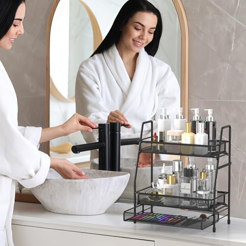 2-Tier Bathroom Counter Organizer with Drawer, Bathroom and Makeup Organizer Countertop, Easy to Install, Ideal for Bathroom organizer, Vanity, Large Skincare, Perfume, Present, and More,Black - Image 5