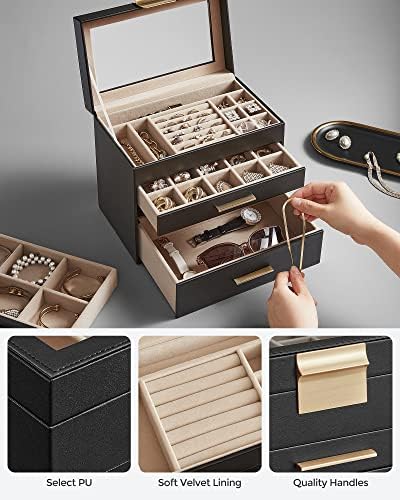 SONGMICS Jewelry Box Organizer, 4-Layer Storage with 3 Drawers, Glass Lid - Image 4