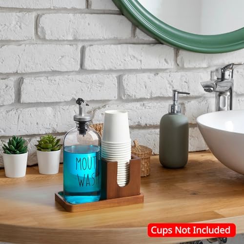 Glass Mouthwash Dispenser for Bathroom, 16 OZ Mouthwash Dispenser with Pour Spout and Acacia Wood Cup Holder and Tray, Mouth Wash Bottle Container, Farmhouse Kitchen Bathroom Decor and Accessories - Image 2