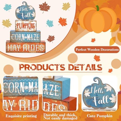 4 Pcs Fall Blue Pumpkin Decor for Home Hello Fall Wooden Signs with Blessed - Image 3