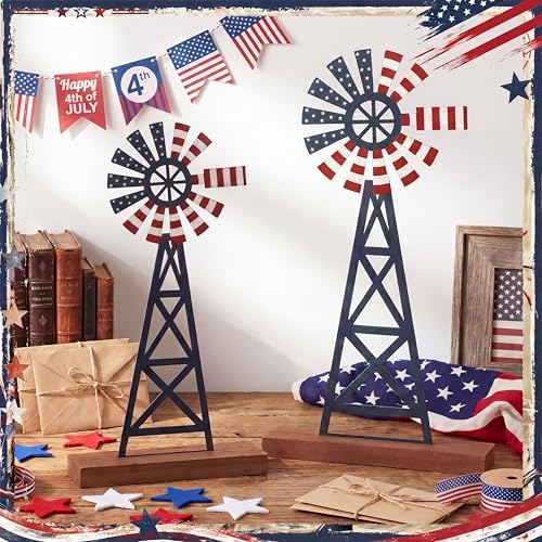 Tandefio 2 Pcs 11.8 Inch Metal Patriotic Farmhouse Windmill Tabletop Decor - Image 6