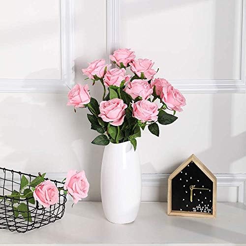 JUSTOYOU 10 PCS Artificial Roses Flowers for Valentine's Day, Realistic Blossom Roses, Real Touch Silk Rose, Single Fake Flower Long Stem Bouquets for Home Wedding Party Decoration (10Pcs, Pink) - Image 3