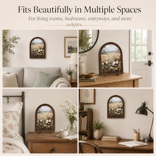 Rustic Farmhouse Tabletop Decor Sign, Arched Wooden Frame with Stand, Soft Wildflower Meadow Art for Living Room Dining Room Bedroom, Warm Gift for Friends - Image 3