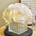 Silk Roses in Glass Vase with LED, Low Centerpiece for Table, Cream by YSZL