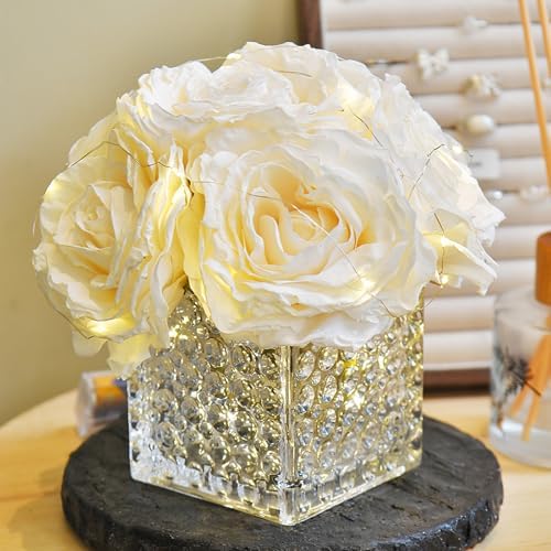Silk Roses in Glass Vase with LED, Low Centerpiece for Table, Cream by YSZL