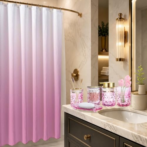 Pink Glass Bathroom Accessories Set with Shower Curtain and Liner, 7-Piece Bathroom Decor Set, Soap Dispenser, Toothbrush Holder, Soap Dish, Vanity Tray, Complete Bathroom Makeover Set - Image 6