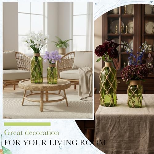 Chuangdi Set of 2 Coastal Glass Flower Vase with Boho Rope, Olive Green - Image 4