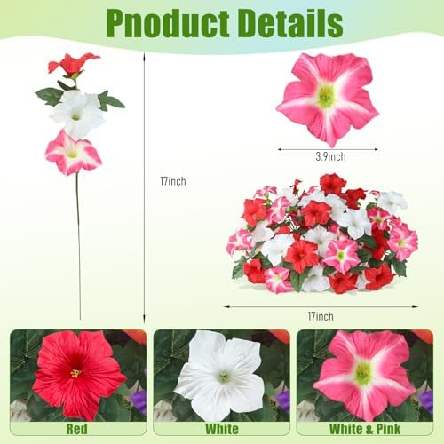 Uieke Artificial Flowers for Outdoors, 24PCS Faux Petunias Outdoor Uv Resistant Silk Flower, Spring Decorations for Home Garden Patio Porch, Red&White - Image 3