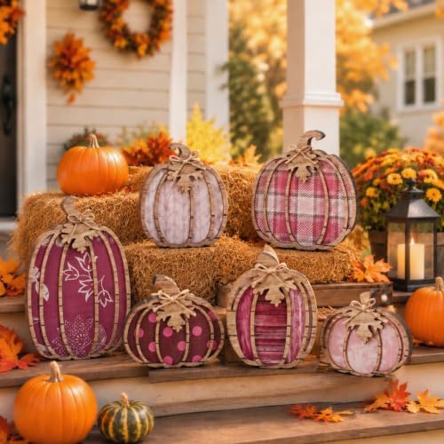 Leinuosen 6 Pcs Fall Pumpkin Decor for Home, Pink Pumpkin Tiered Tray Decor by Leinuosen