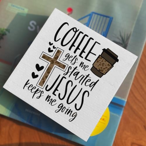 Christian Coffee Decor Wood Sign, Farmhouse Kitchen Wall Art with Inspirational Quote, Religious Rustic Wood Box for Coffee Bar, Shelf, Desktop - Image 4