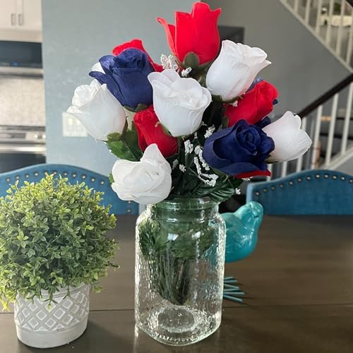 Admired By Nature 14 Stems Artificial Flower Rosebuds Patriotic Memorial Bouquet Cemetery Decorations for Grave, Spring Faux Flower Arrangement, Memorial Day, Veterans Independence Day, Red White Blue - Image 5