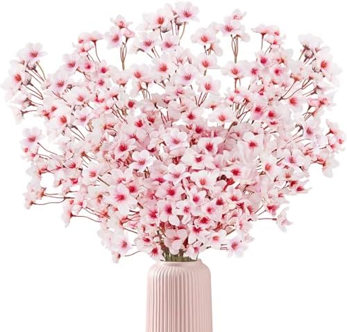 16 Pcs Artificial Silk Cherry Blossom Branches 15.7in for Vase ,Pink Peach by UNLEMONI