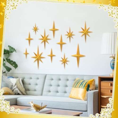Blulu 12 Pcs Mid Century Modern Decoration Mcm Retro 3D Starburst Art Wall Sculpture, Plastic 8 Pointed Atomic Star Vintage Celestial Whimsigoth Accent for Home Office Room Decor (Gold) - Image 6