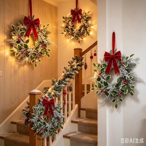 6 Pack Mini Christmas Hanging Wreaths Small Artificial Frosted Pine Cedar Wreaths with Red Berries Variegated Holly Leaves Faux Snowy Evergreen Wreath for Cabinets Front Door Window Porch Xmas Holiday - Image 7