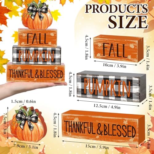 4 Pcs Fall Decor for Home Buffalo Plaid Pumpkin Wooden Signs with Blessed - Image 2